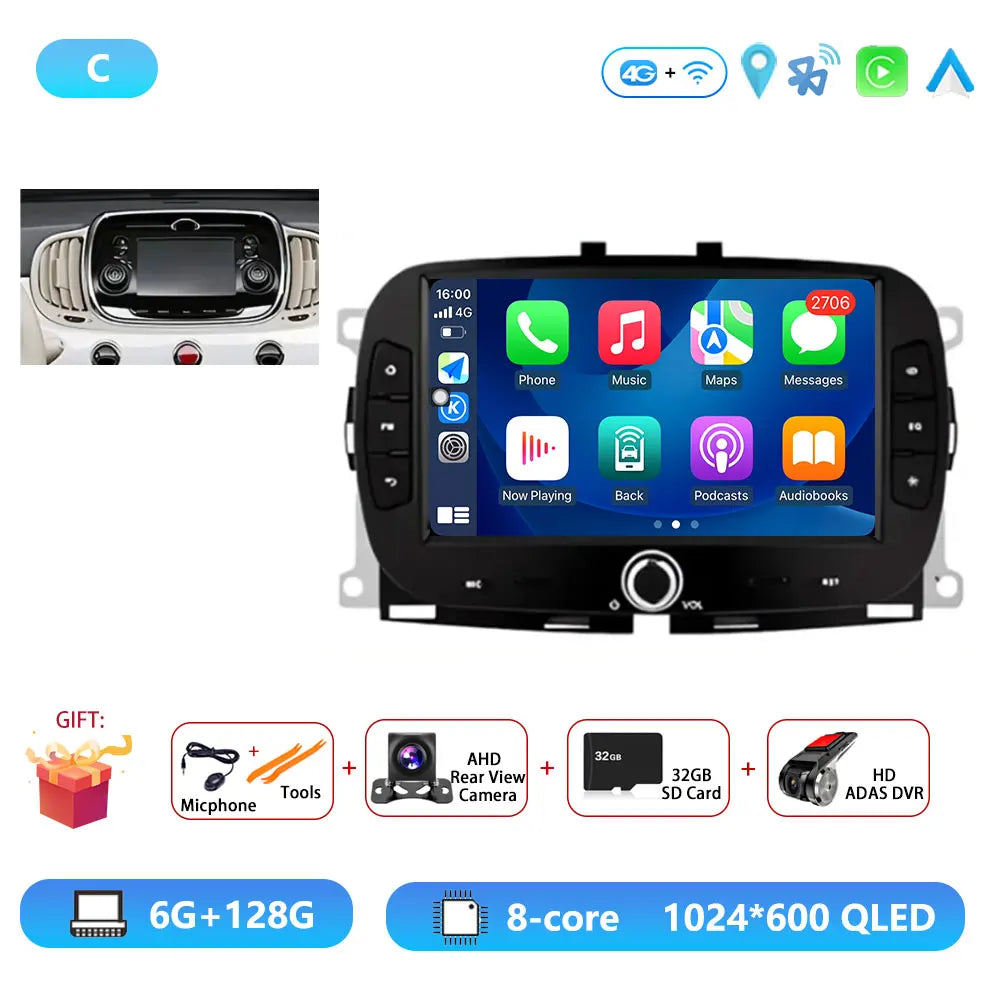Android15 For Fiat 500 2016 - 2019 Car Radio Multimedia Player Video Navigation Carplay Stereo GPS WIFI DSP Carplay Android Auto