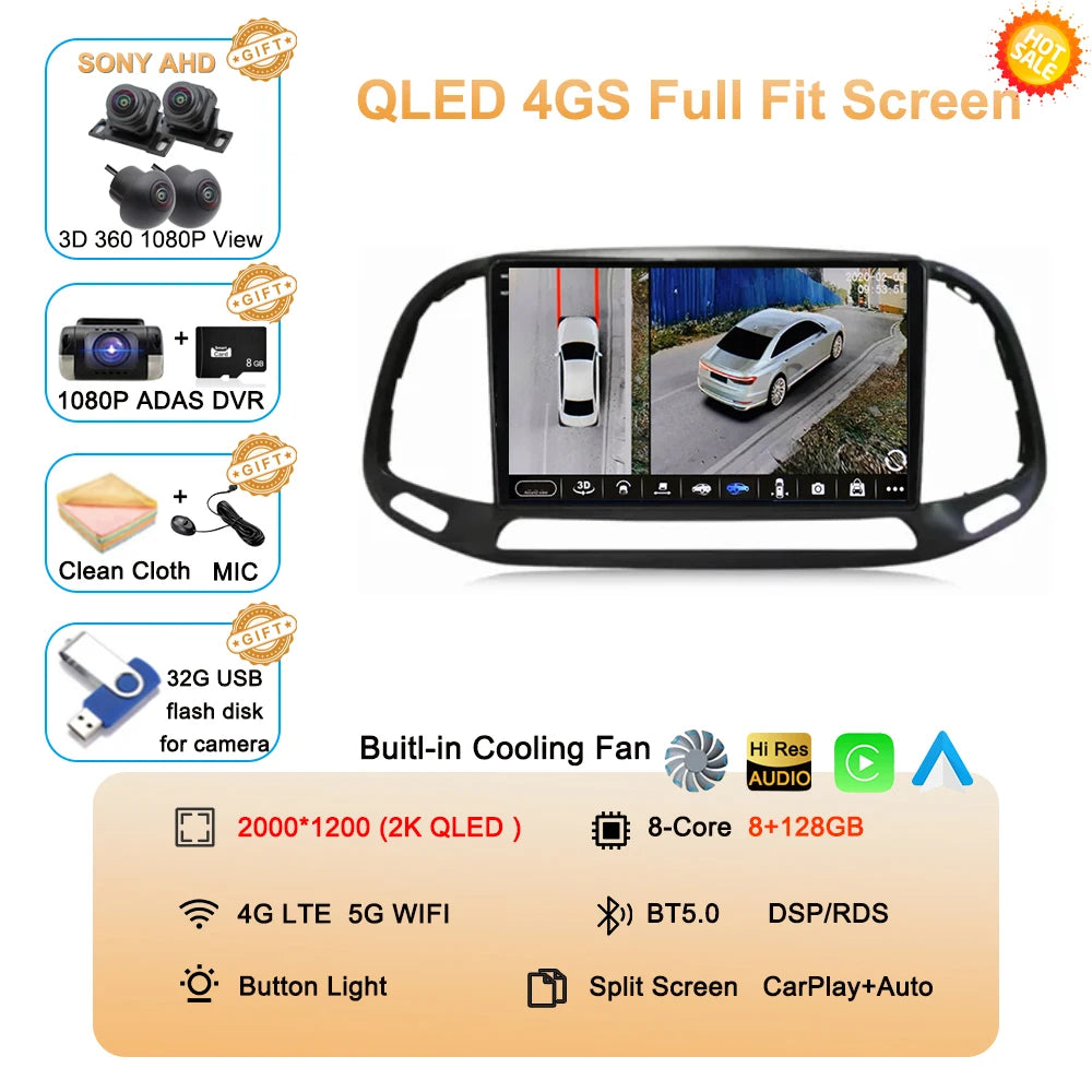 For Fiat Doblo 2015 2016 2017 2018 2019 2020 Android 16 GPS Car Radio Multimedia Video Player Stereo Navigation Wifi 360 Camera