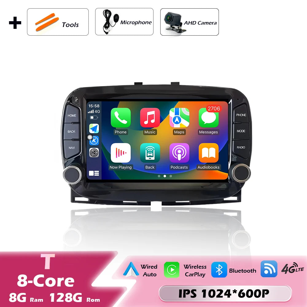 Car intelligent system For FIAT 500 2016-2019 Android 16 Navigation GPS Wireless CarPlay Car Multimedia Screen Head Unit Wifi BT