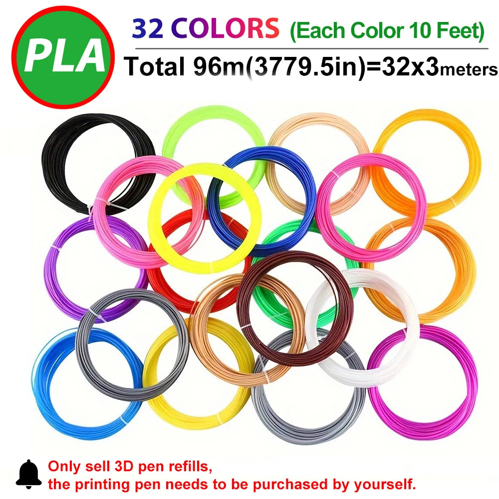 Colored PLA Filament for 25M 30M 36M 45M 50M 96M 100M 150M 200M Smoke-free Safe Plastic Refill for 3D Children's Printing Pen
