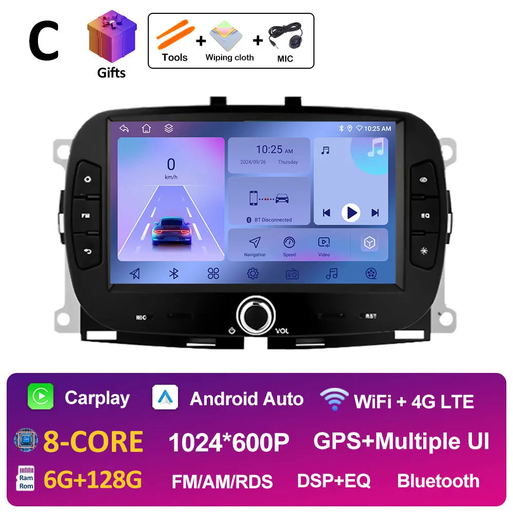 For FIAT 500 2016 2017- 2019 Android 14 Smart System Multimedia Carplay Wireless GPS Navigation DSP Stereo WIFI Accessories