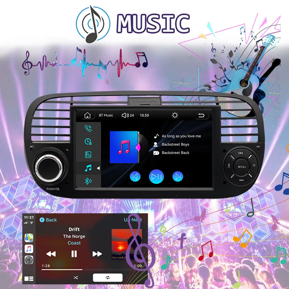 For FIAT 500 Abarth  (2007-2015-7inch)new Linux system wireless CarPlay in-car device, new model, navigation, video,Bluetooth