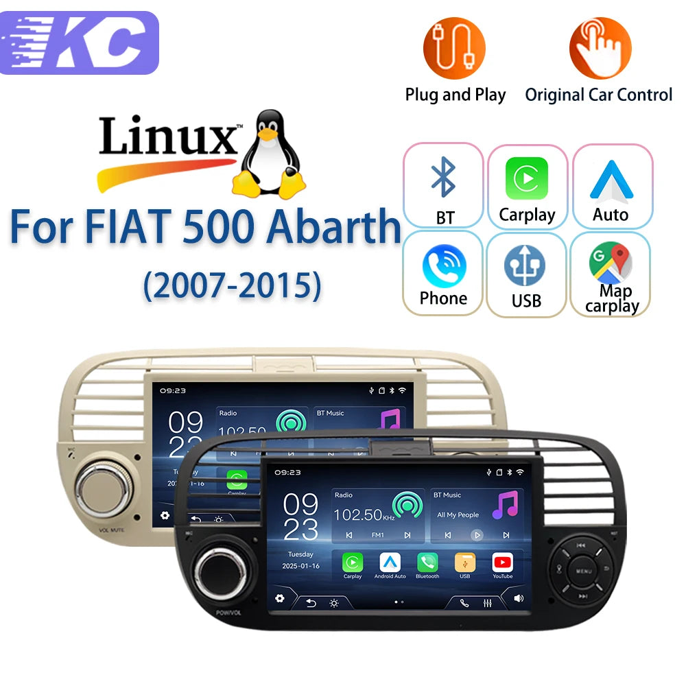 For FIAT 500 Abarth(2007-2015)2026 New Linux System Wireless CarPlay Auto  Bluetooth Musci Video Multimedia Players Cameras