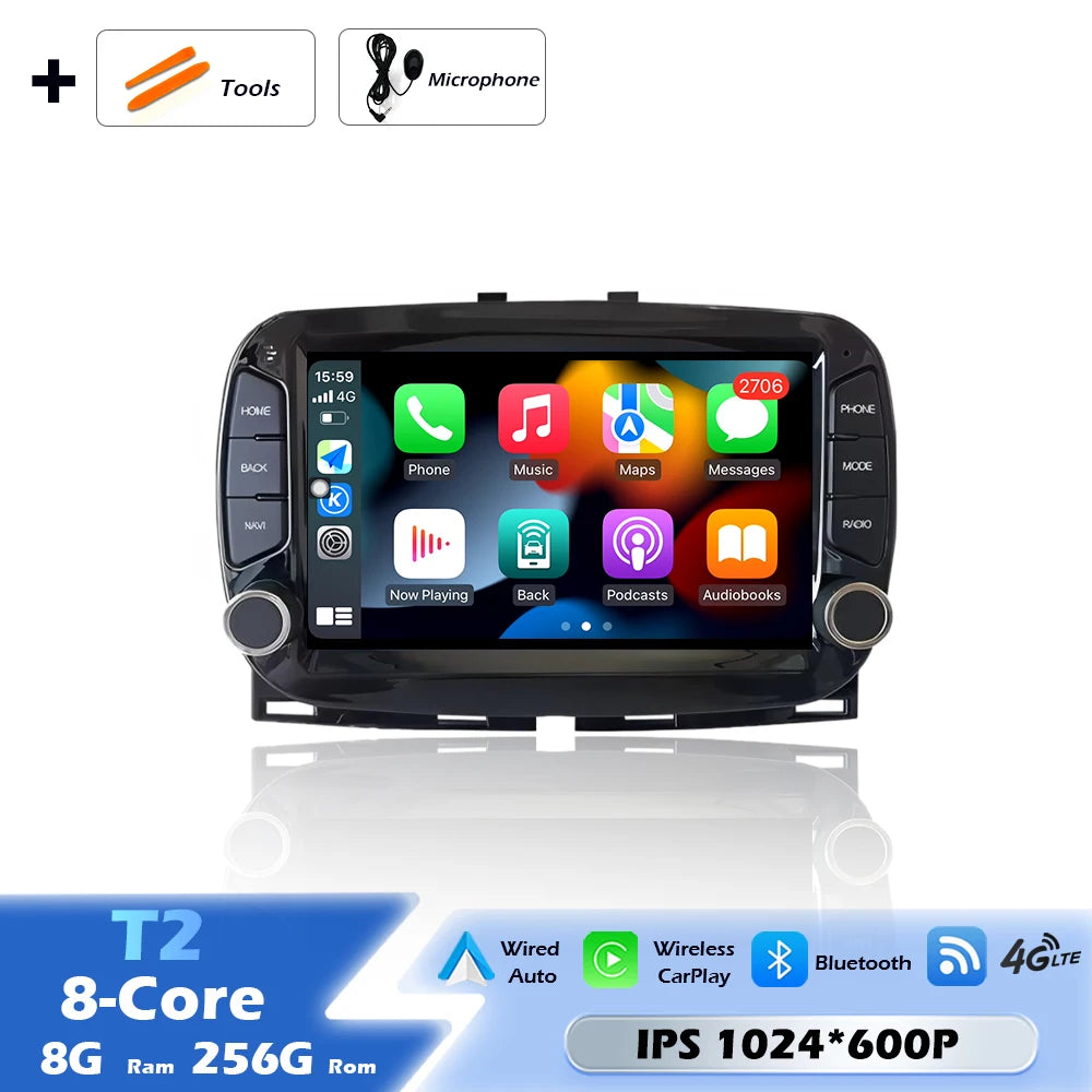 Car intelligent system For FIAT 500 2016-2019 Android 16 Navigation GPS Wireless CarPlay Car Multimedia Screen Head Unit Wifi BT