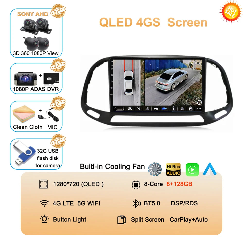 For Fiat Doblo 2015 2016 2017 2018 2019 2020 Android 16 GPS Car Radio Multimedia Video Player Stereo Navigation Wifi 360 Camera