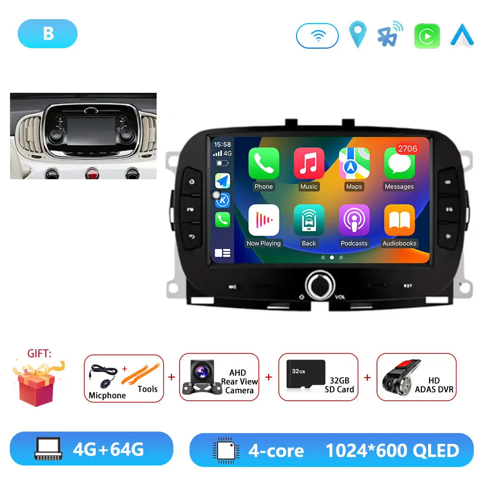 Android15 For Fiat 500 2016 - 2019 Car Radio Multimedia Player Video Navigation Carplay Stereo GPS WIFI DSP Carplay Android Auto