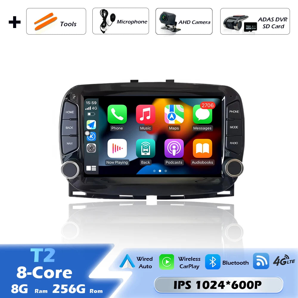 Car intelligent system For FIAT 500 2016-2019 Android 16 Navigation GPS Wireless CarPlay Car Multimedia Screen Head Unit Wifi BT