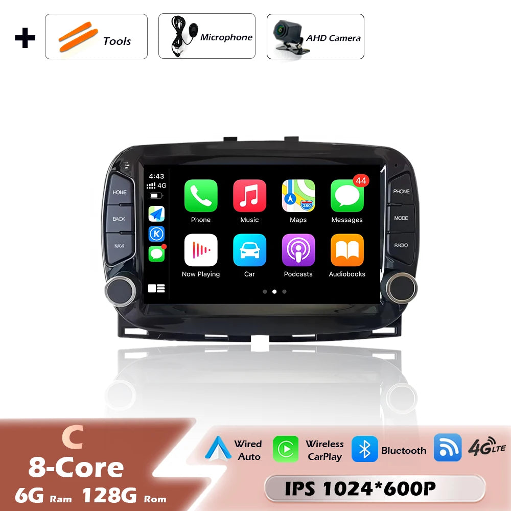 Car intelligent system For FIAT 500 2016-2019 Android 16 Navigation GPS Wireless CarPlay Car Multimedia Screen Head Unit Wifi BT