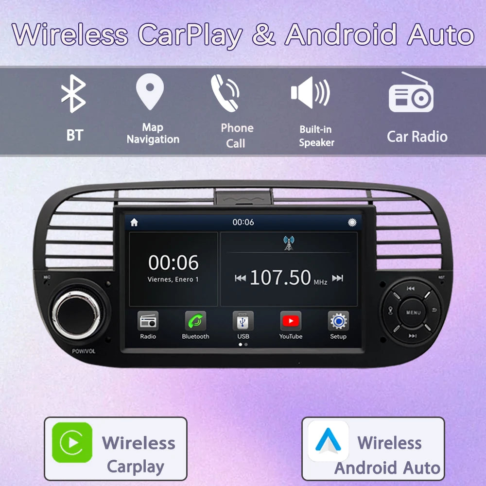 For FIAT 500 Abarth  (2007-2015-7inch)new Linux system wireless CarPlay in-car device, new model, navigation, video,Bluetooth