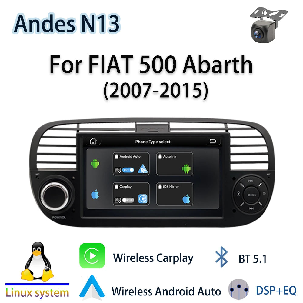 For FIAT 500 Abarth(2007-2015)2026 New Linux System Wireless CarPlay Auto  Bluetooth Musci Video Multimedia Players Cameras
