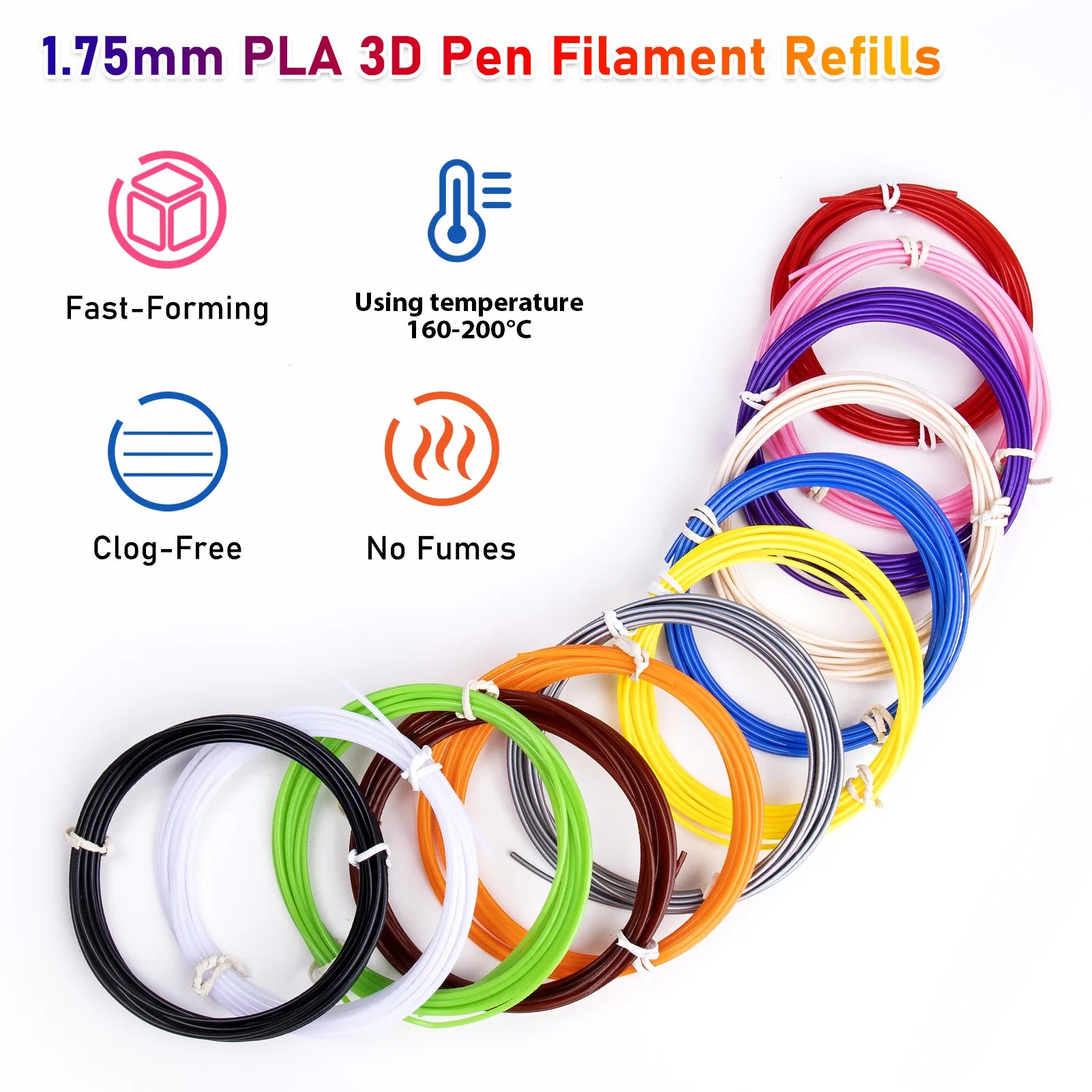 Colored PLA Filament for 25M 30M 36M 45M 50M 96M 100M 150M 200M Smoke-free Safe Plastic Refill for 3D Children's Printing Pen