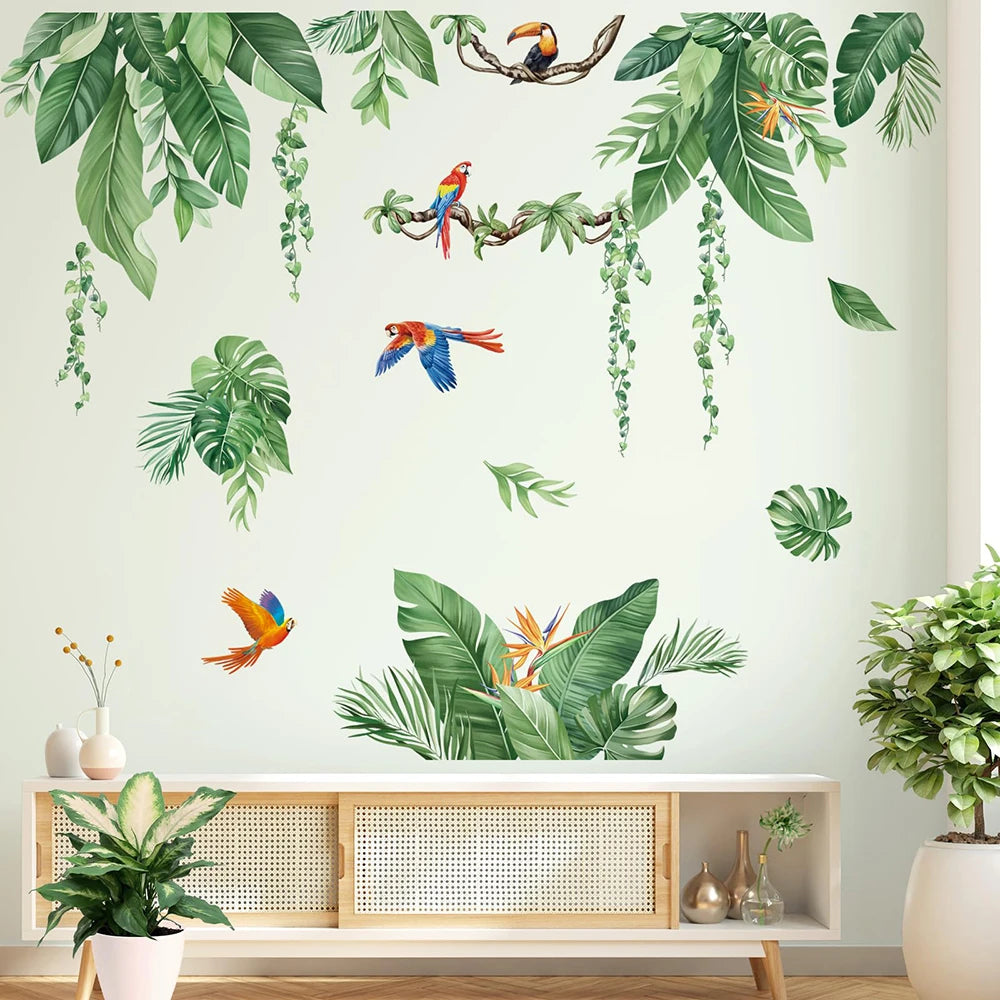 Tropical Palm Leaves Vines Wall Stickers Green Plants Tree Parrots Wall Decals Living Room Bedroom TV Background Home Decor
