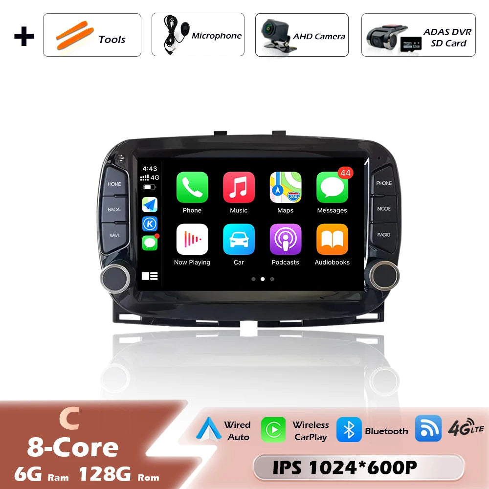 Car intelligent system For FIAT 500 2016-2019 Android 16 Navigation GPS Wireless CarPlay Car Multimedia Screen Head Unit Wifi BT