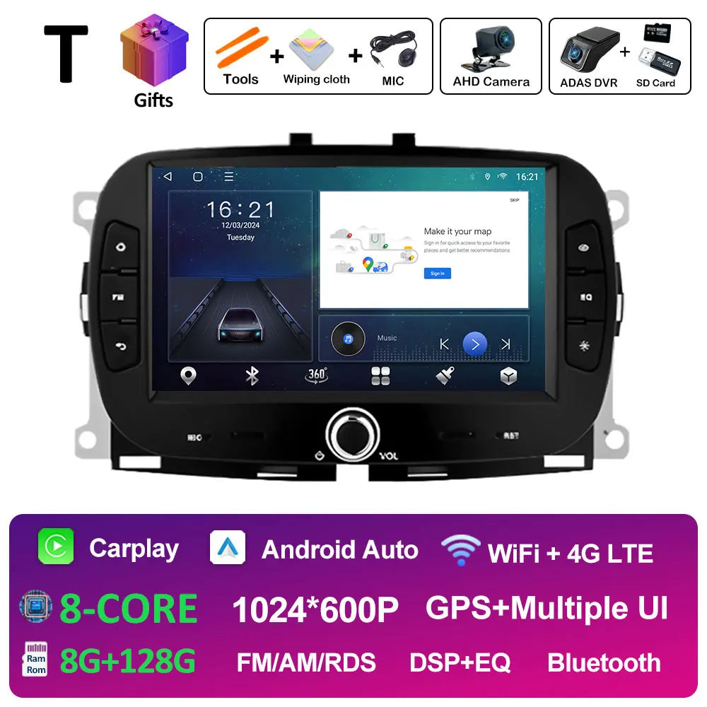 For FIAT 500 2016 2017- 2019 Android 14 Smart System Multimedia Carplay Wireless GPS Navigation DSP Stereo WIFI Accessories