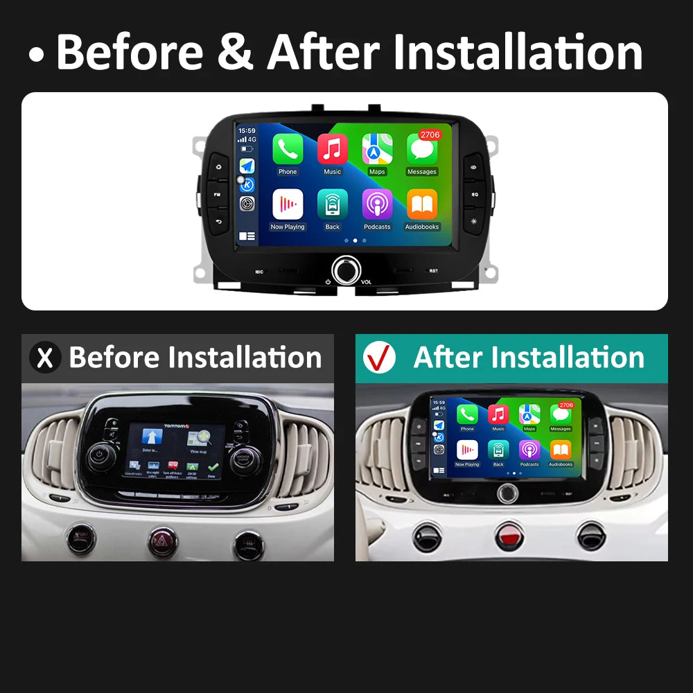 For FIAT 500 2016 2017- 2019 Android 14 Smart System Multimedia Carplay Wireless GPS Navigation DSP Stereo WIFI Accessories