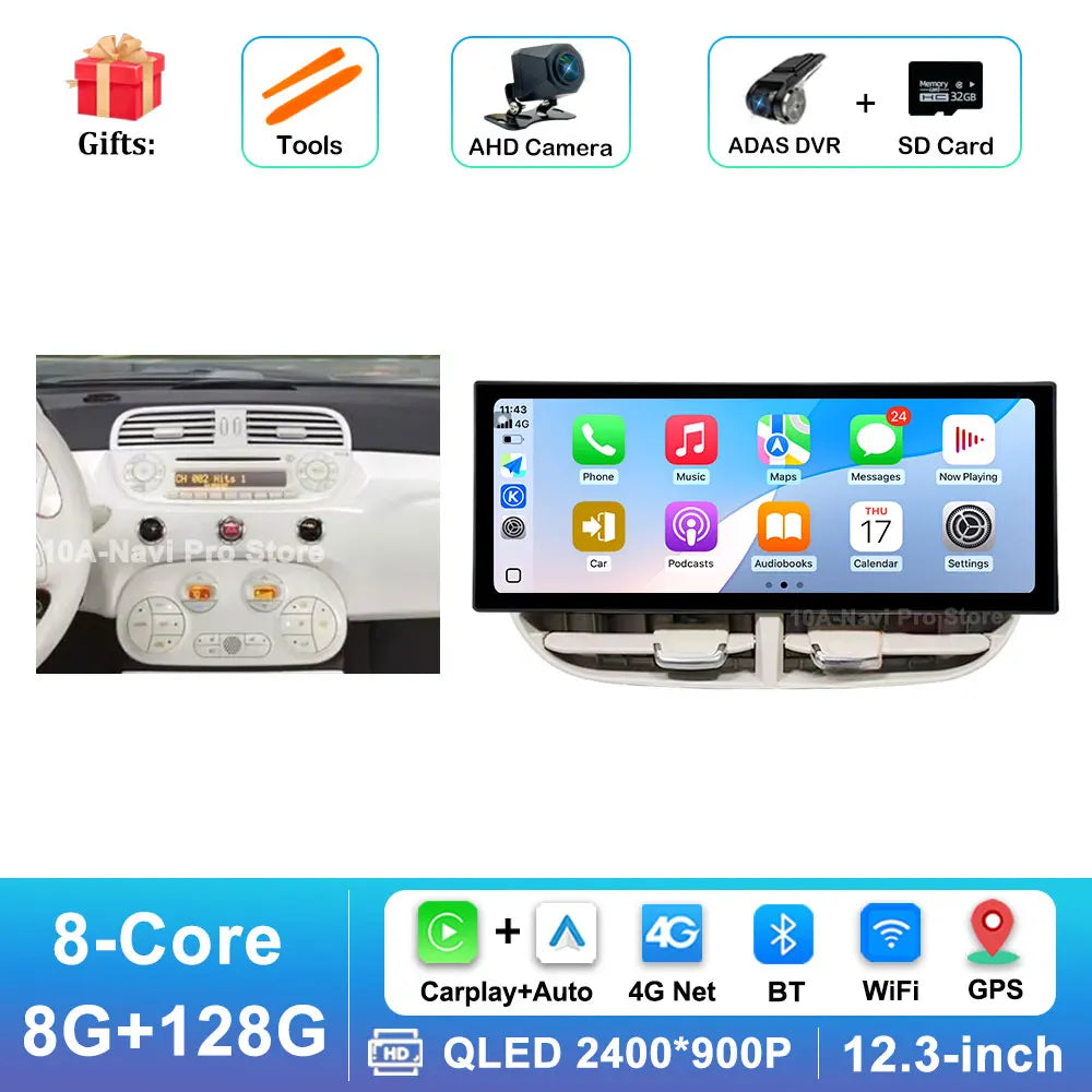 12.3 '' Android 16 for Fiat 500 2007 - 2015 Car Radio Video Multimedia Player BT 4G GPS Navi Wireless Carplay WiFi Touch Screen