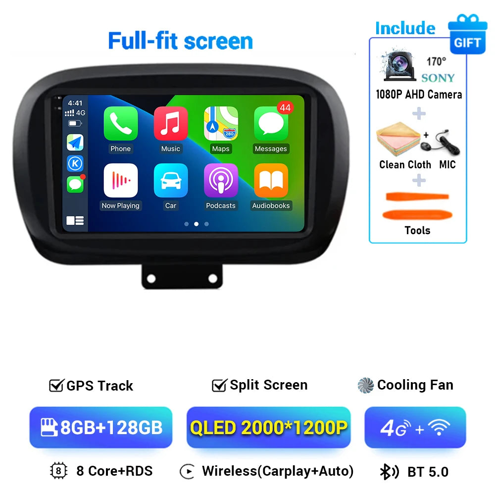 Android 15 For Fiat 500X 2014-2020 2K QLED Stereo Car Radio Multimedia Video Player GPS AI Voice CarPlay Head Unit Navigation 4G