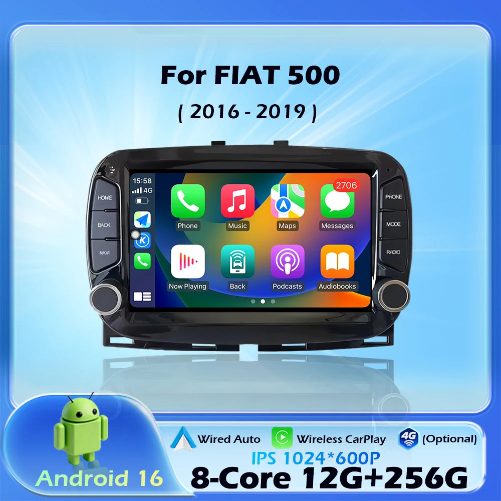 Car intelligent system For FIAT 500 2016-2019 Android 16 Navigation GPS Wireless CarPlay Car Multimedia Screen Head Unit Wifi BT