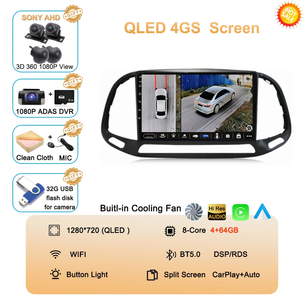 For Fiat Doblo 2015 2016 2017 2018 2019 2020 Android 16 GPS Car Radio Multimedia Video Player Stereo Navigation Wifi 360 Camera