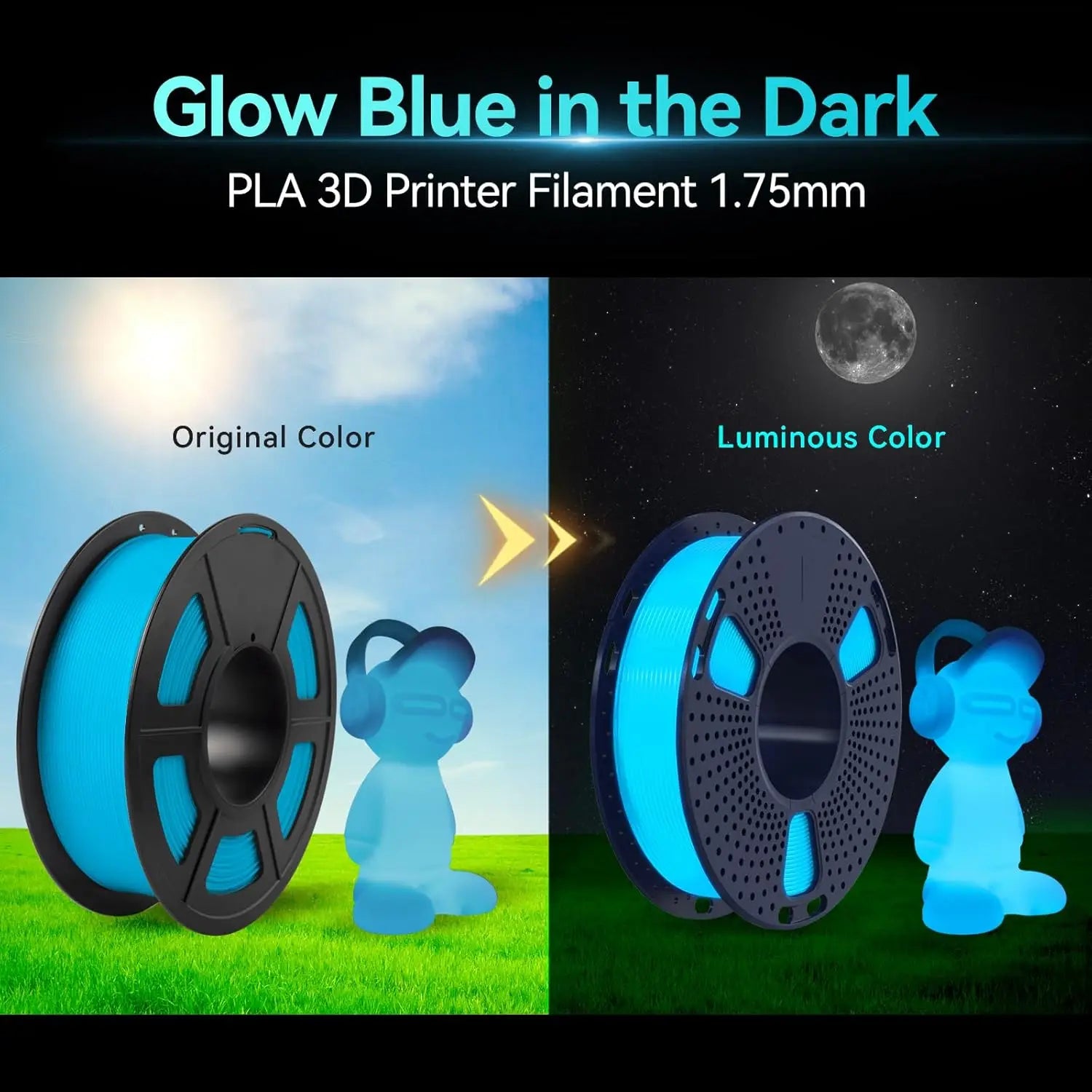 Glow in Dark PLA ,  Luminous PLA 3D Printer Filament 1.75mm, Dimensional Accuracy +/- 0.02mm. (Glowing Blue/Green/Red/Yellow)