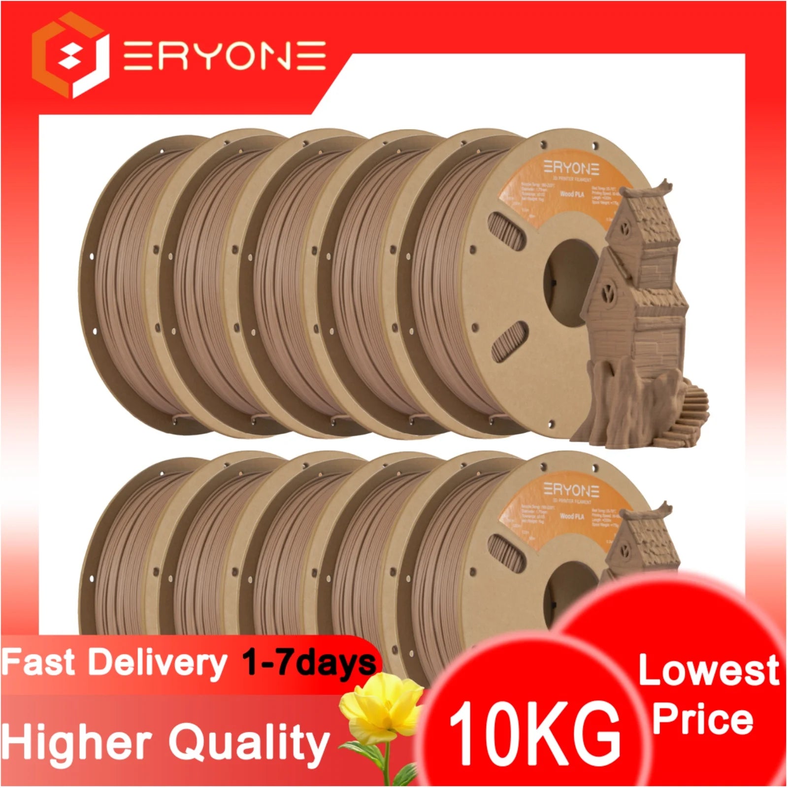 ERYONE 1kg/3KG/10KG Wood PLA Filament 3D Printer PLA Filament 1.75mm +/- 0.03mm, PLA Filament 1KG Cardboard Spool(2.2LBS)