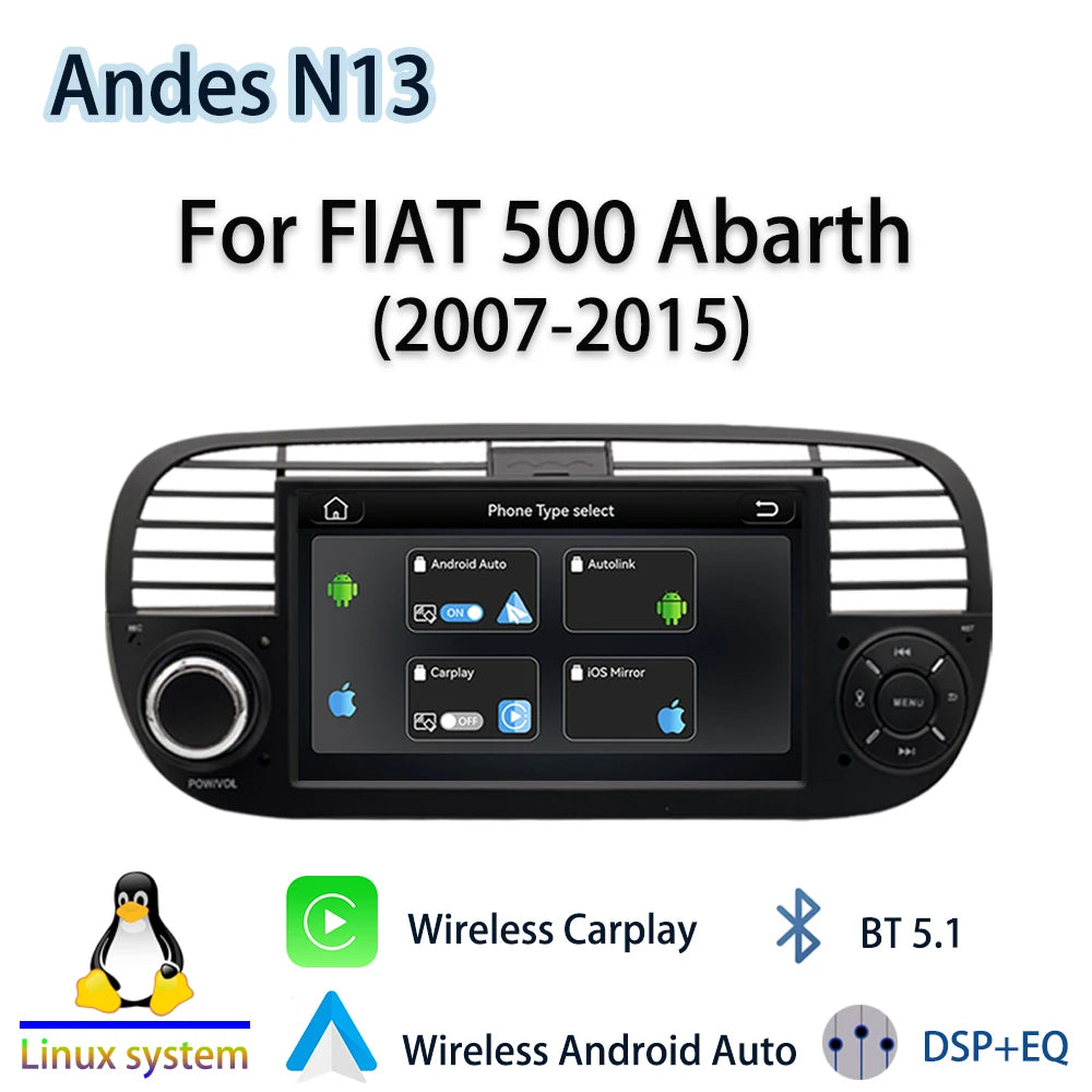 For FIAT 500 Abarth(2007-2015)2026 New Linux System Wireless CarPlay Auto  Bluetooth Musci Video Multimedia Players Cameras