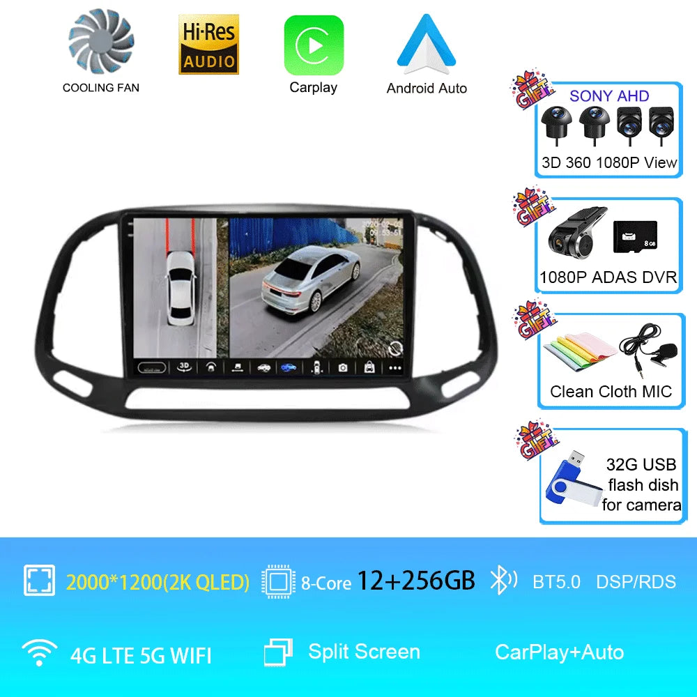 For Fiat Doblo 2015 2016 2017 2018 2019 2020 Android 16 GPS Car Radio Multimedia Video Player Stereo Navigation Wifi 360 Camera