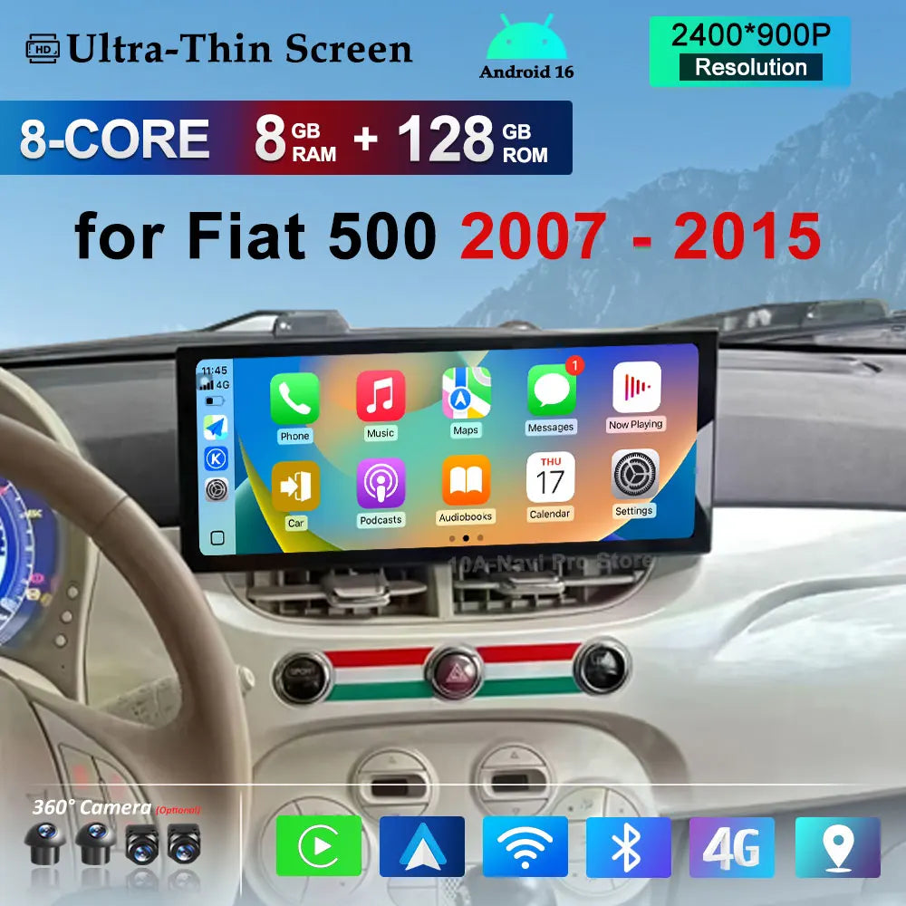 12.3 '' Android 16 for Fiat 500 2007 - 2015 Car Radio Video Multimedia Player BT 4G GPS Navi Wireless Carplay WiFi Touch Screen