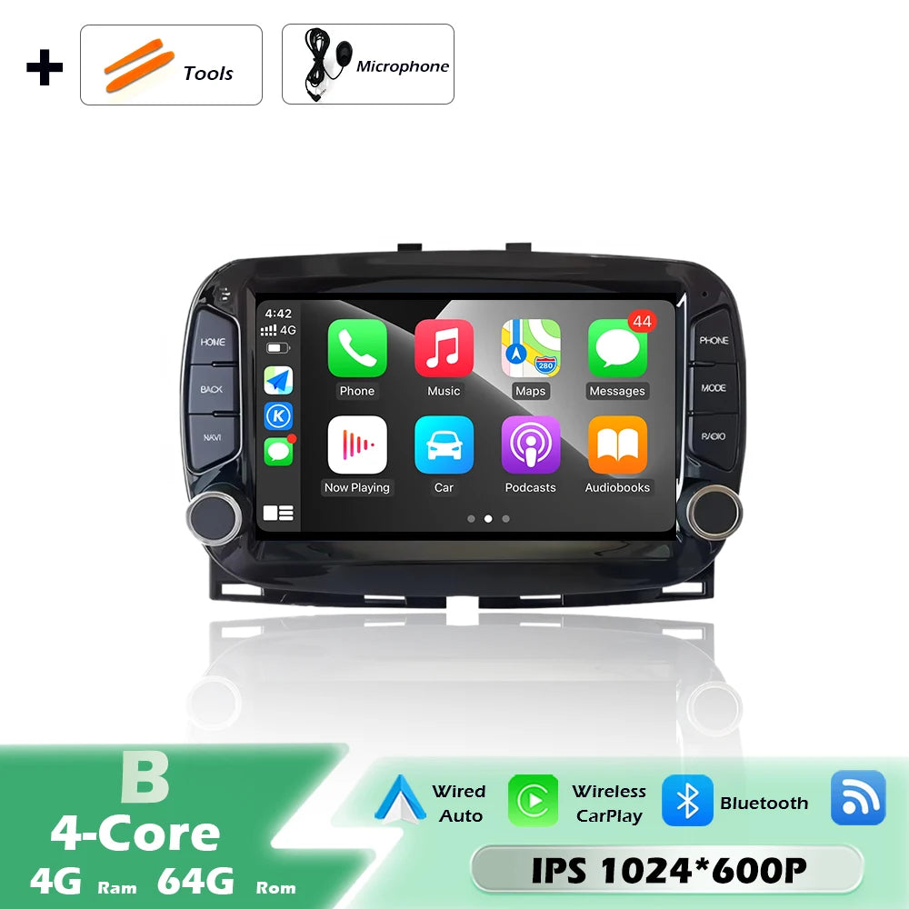Car intelligent system For FIAT 500 2016-2019 Android 16 Navigation GPS Wireless CarPlay Car Multimedia Screen Head Unit Wifi BT
