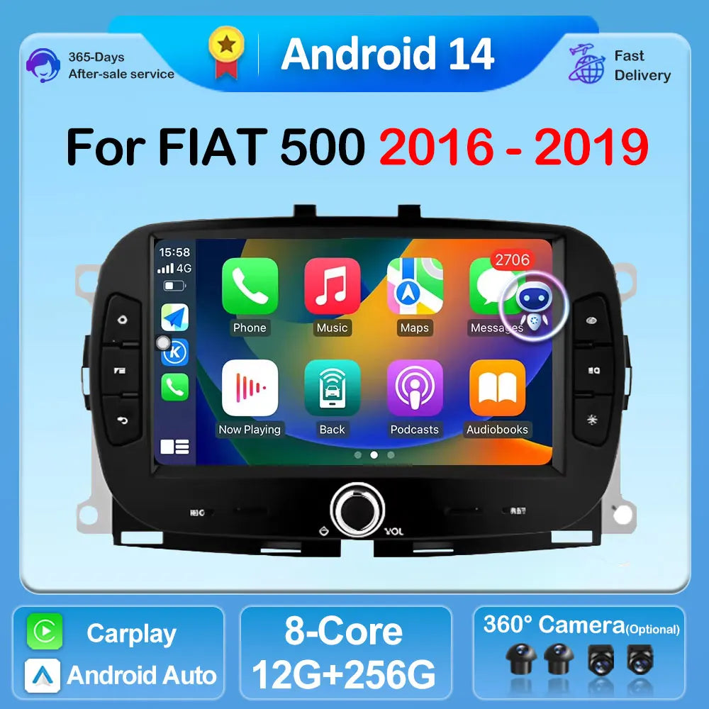 For FIAT 500 2016 2017- 2019 Android 14 Smart System Multimedia Carplay Wireless GPS Navigation DSP Stereo WIFI Accessories