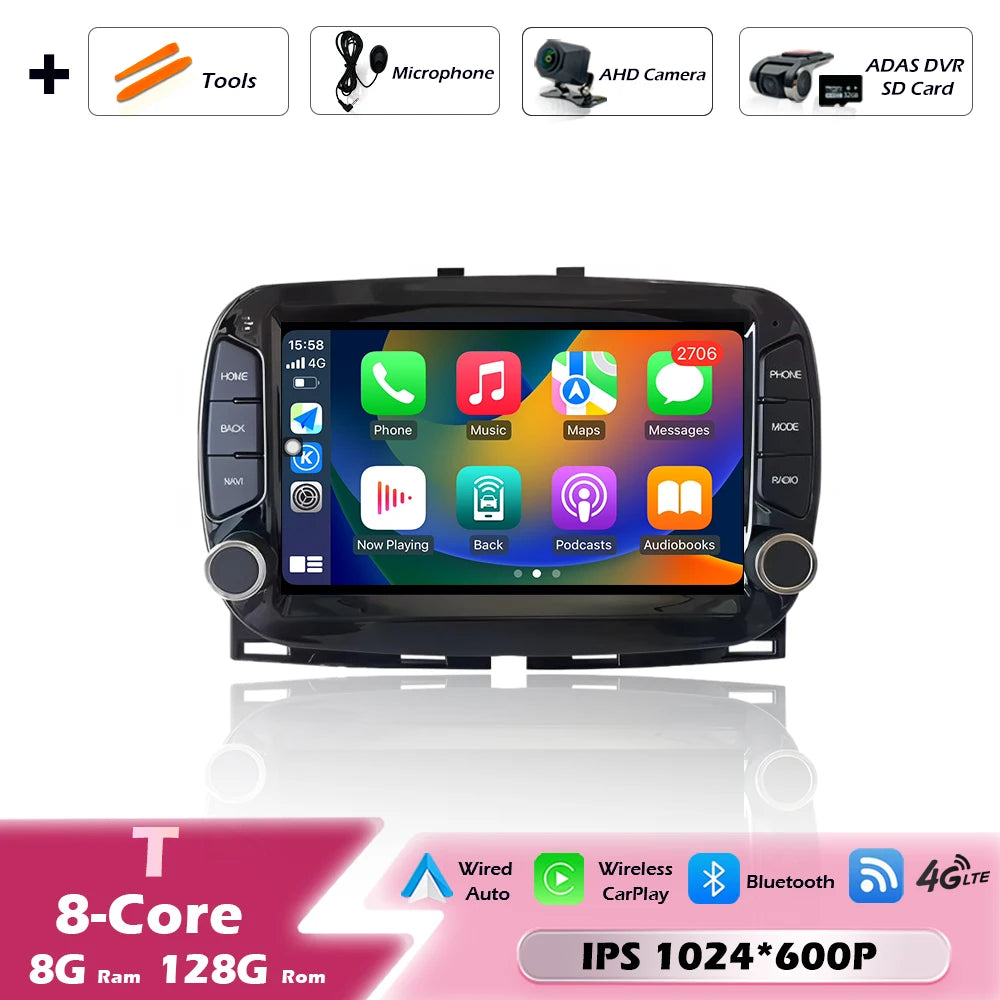 Car intelligent system For FIAT 500 2016-2019 Android 16 Navigation GPS Wireless CarPlay Car Multimedia Screen Head Unit Wifi BT