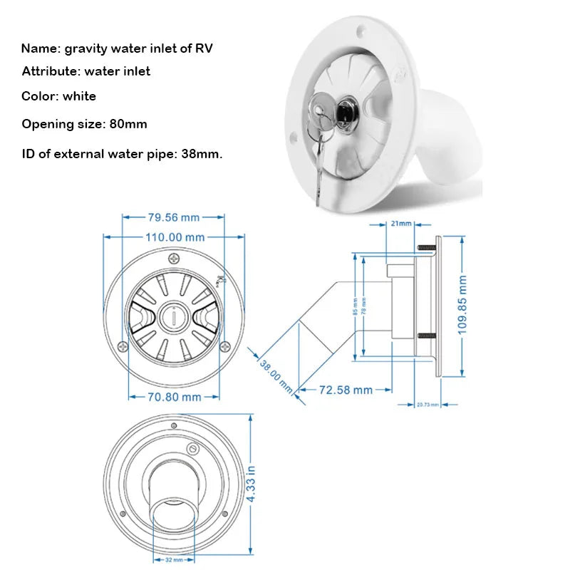 Car Accessories Black/White Round Gravity Water Inlet with Lock RV Accessories Caravan for RV Boat Camper Trailer Exterior Hatch