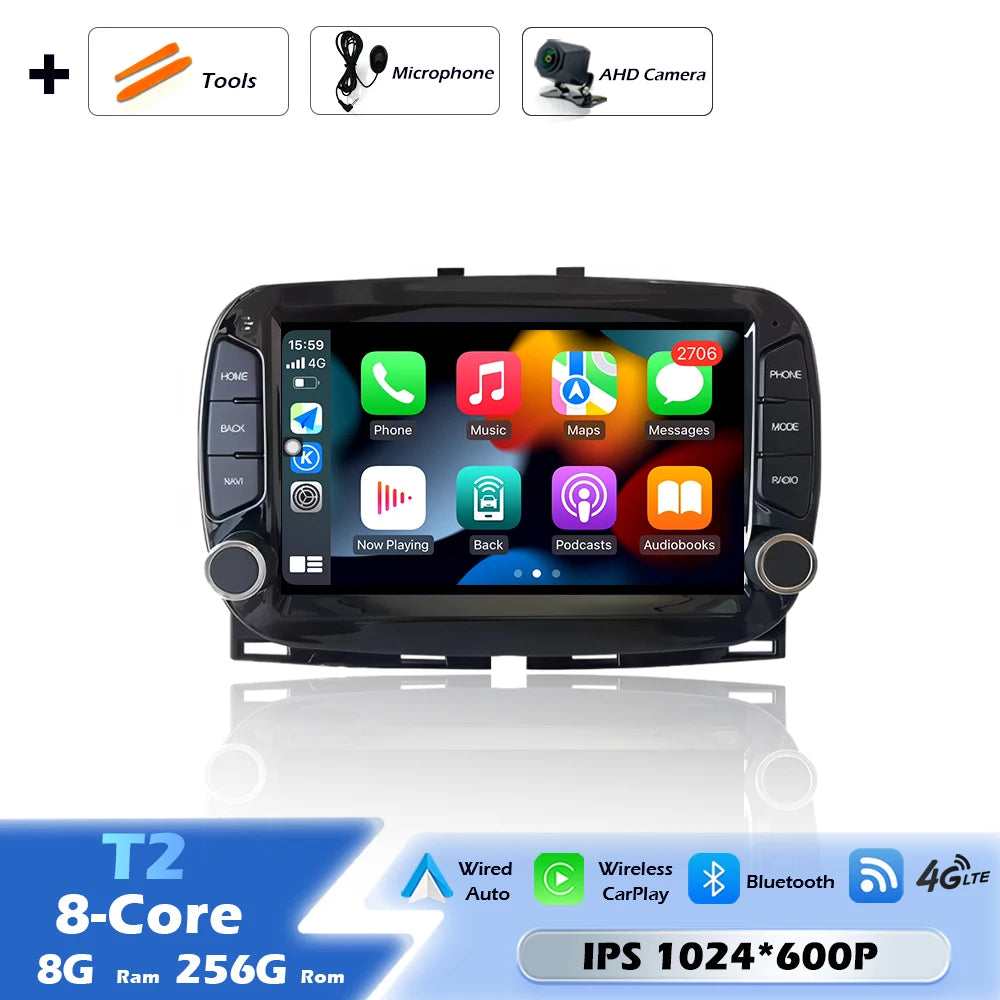 Car intelligent system For FIAT 500 2016-2019 Android 16 Navigation GPS Wireless CarPlay Car Multimedia Screen Head Unit Wifi BT