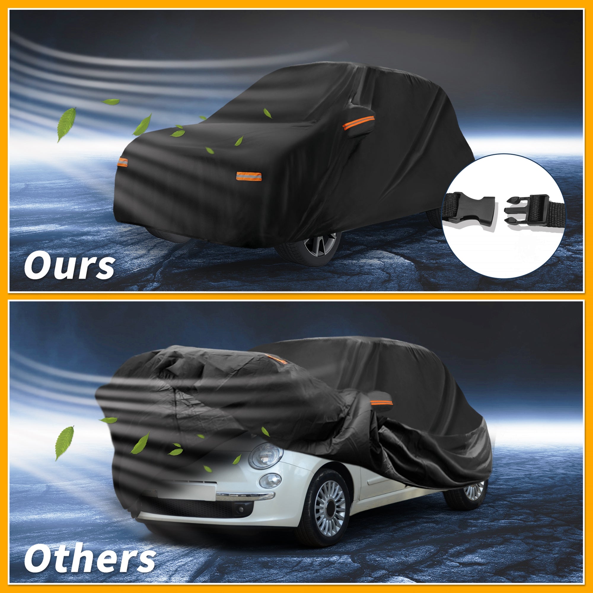 Motoforti Car Cover Waterproof All Weather for Fiat 500 2007-2022 Black 210D-PU